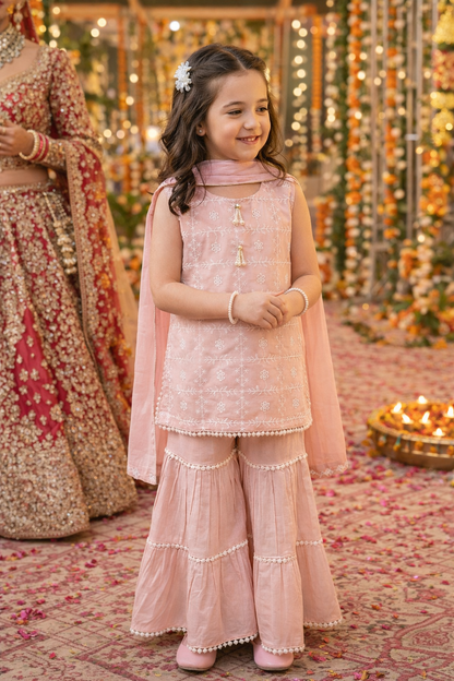 Girls Pure Cotton Sharara Set with Dupatta – Kids Embroidered Kurti & Sharara Outfit for Festive & Party Wear