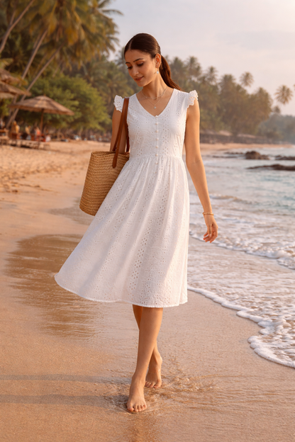 Women’s White Cotton Eyelet Dress | Elegant Summer A-Line Midi Dress | Lightweight Casual & Vacation Wear