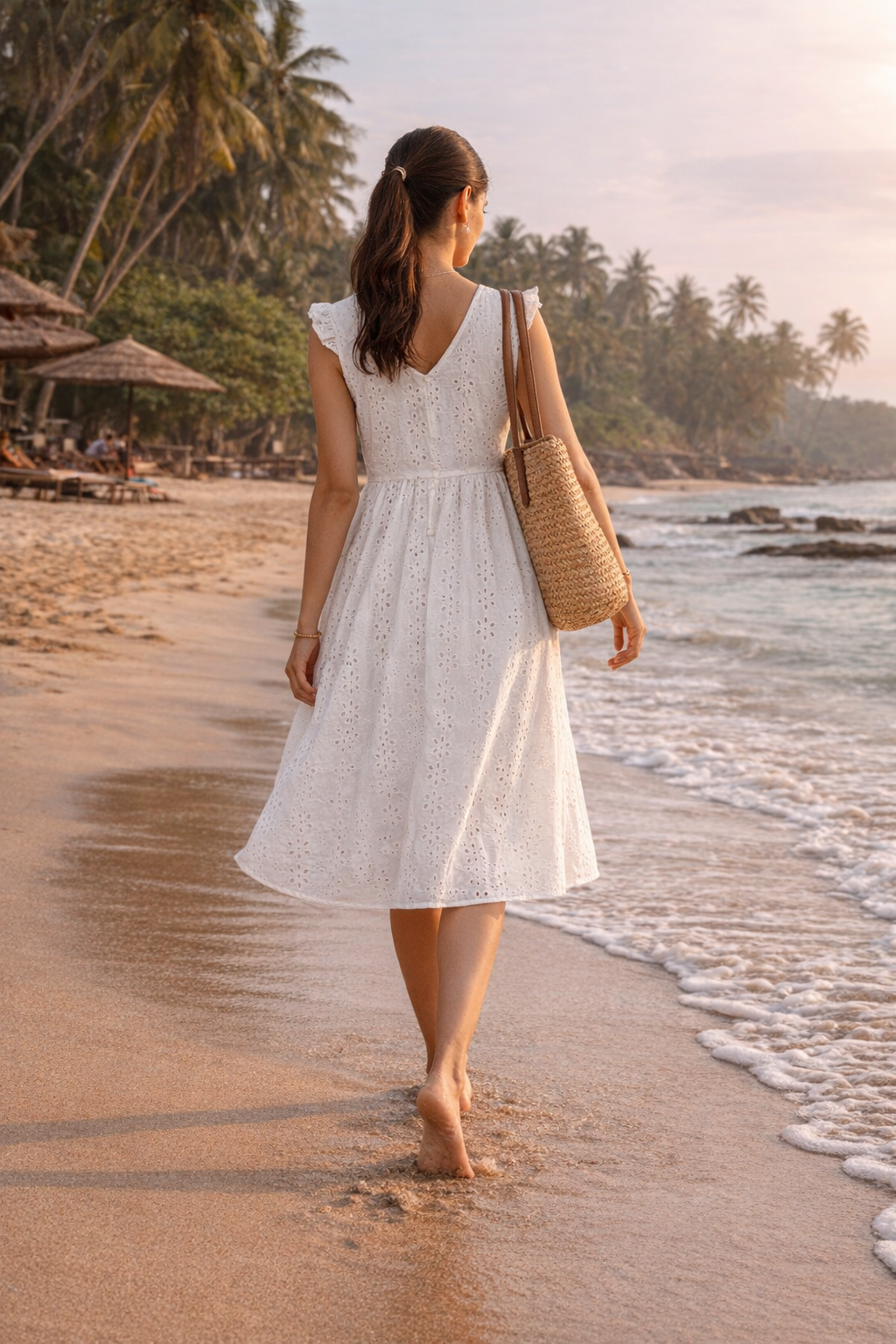 Women’s White Cotton Eyelet Dress | Elegant Summer A-Line Midi Dress | Lightweight Casual & Vacation Wear