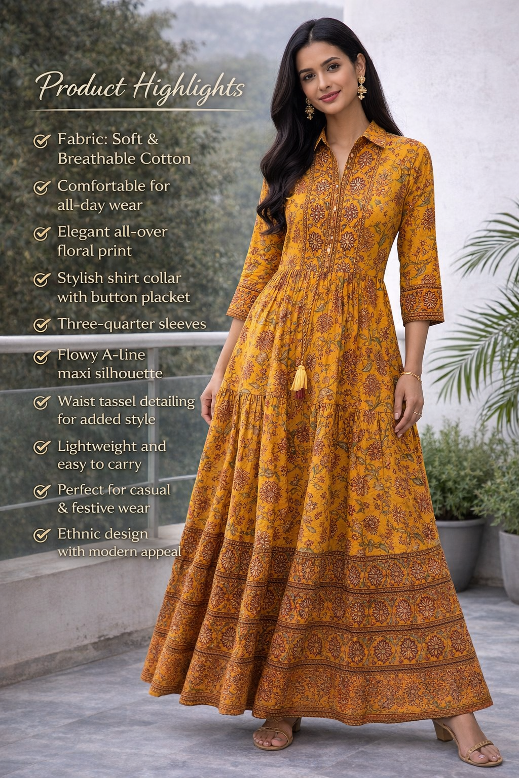 Women Mustard Yellow Printed Cotton A-Line Dress