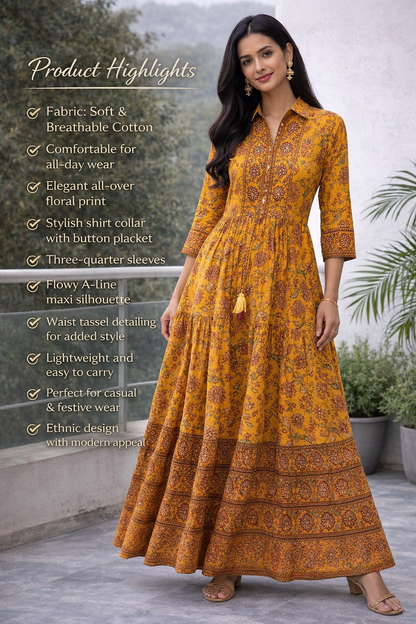 Women Mustard Yellow Printed Cotton A-Line Dress