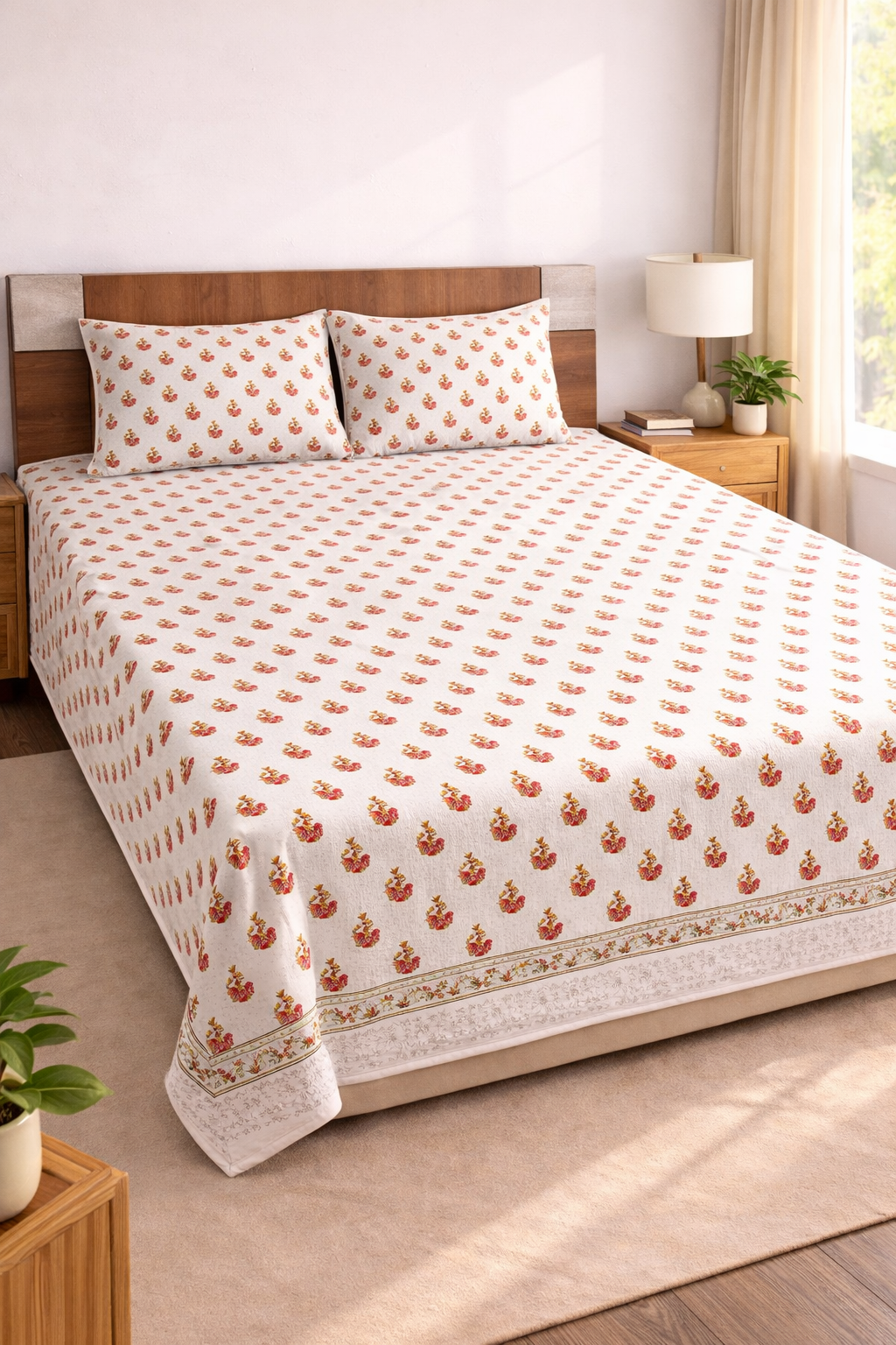 Pure Cotton Handblock Printed Double Bedsheet 108x108 Inches with 2 Pillow Covers – King Size Soft Breathable Floral Bed Sheet