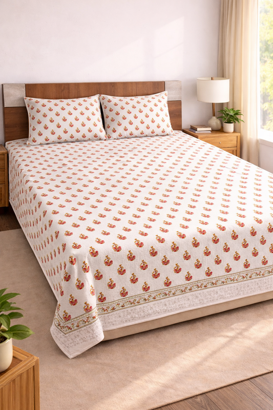 Pure Cotton Handblock Printed Double Bedsheet 108x108 Inches with 2 Pillow Covers – King Size Soft Breathable Floral Bed Sheet