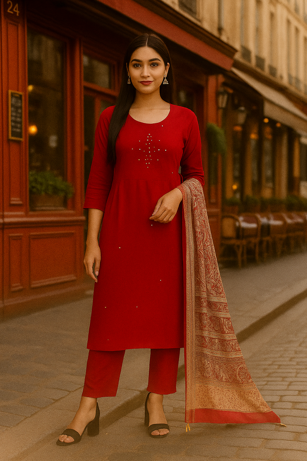 Red Maslin Mirror Work Kurti Set with Printed Dupatta – Elegant Festive Wear for Women