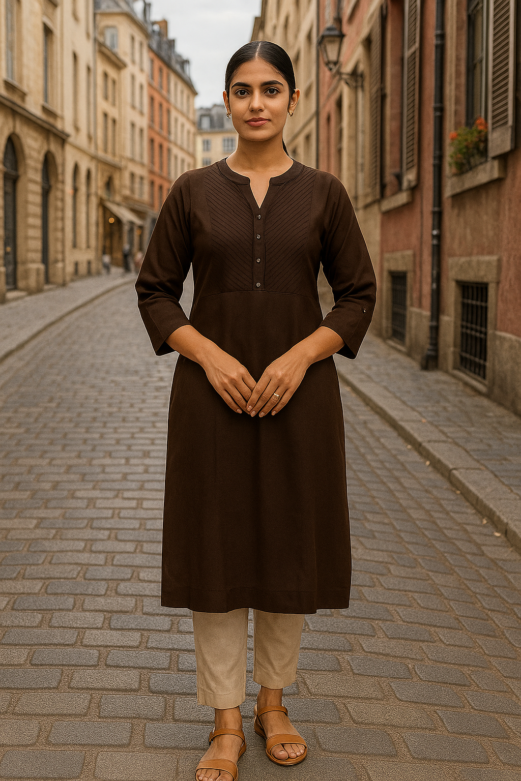 Chocolate Brown Cotton Straight Kurti for Women – Elegant Solid Everyday Wear with Pintuck Yoke