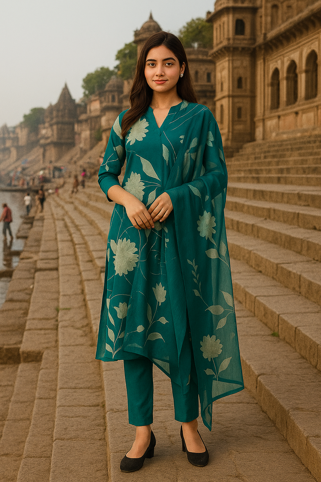 Teal Green Floral Printed Maslin Kurti Set for Women – Elegant 3-Piece Suit with Dupatta