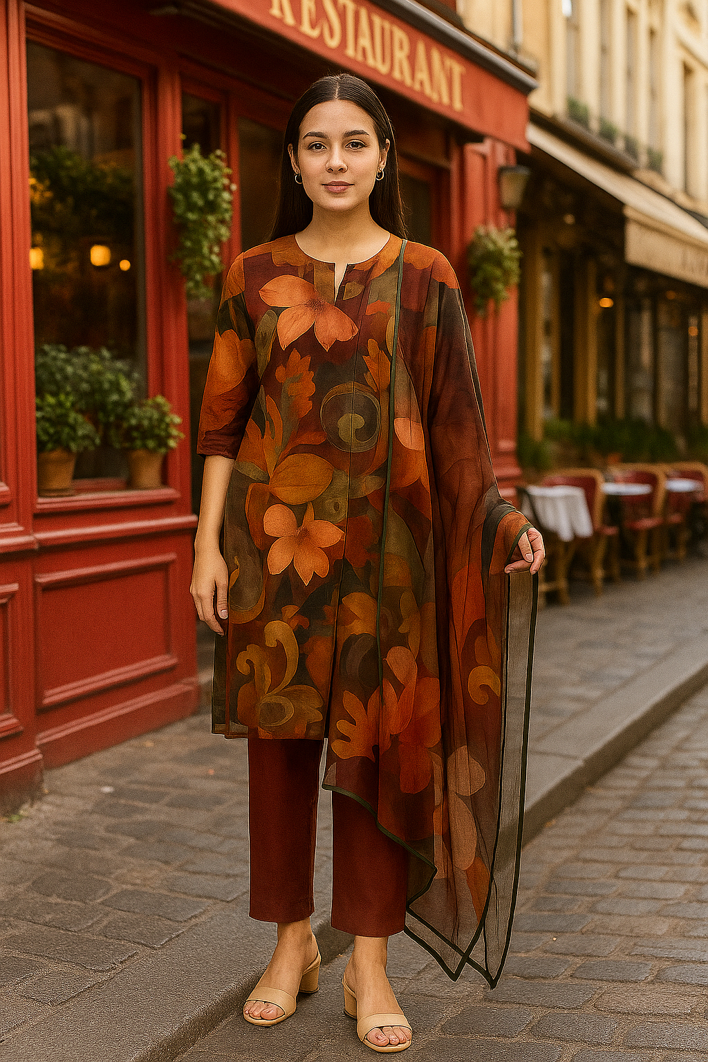 Brown Maslin Floral Printed Kurti Set with Dupatta – Elegant 3-Piece Ethnic Wear for Women