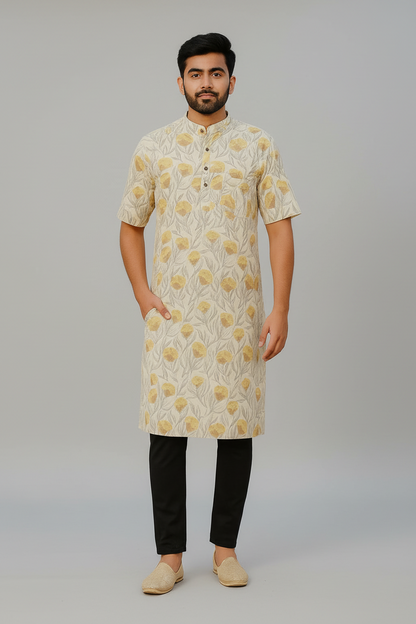 Men’s Cotton Knee-Length Kurta with Pockets – Hand Block Printed Floral Design | Natural Fab