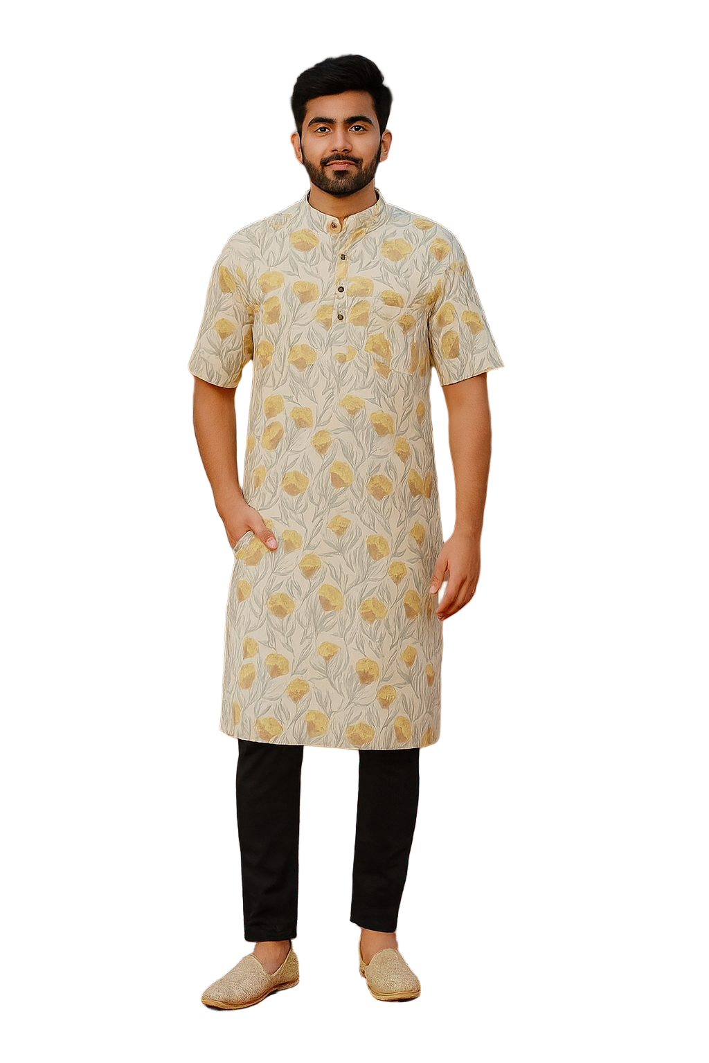 Men’s Cotton Knee-Length Kurta with Pockets – Hand Block Printed Floral Design | Natural Fab
