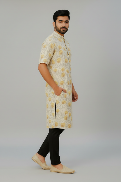 Men’s Cotton Knee-Length Kurta with Pockets – Hand Block Printed Floral Design | Natural Fab