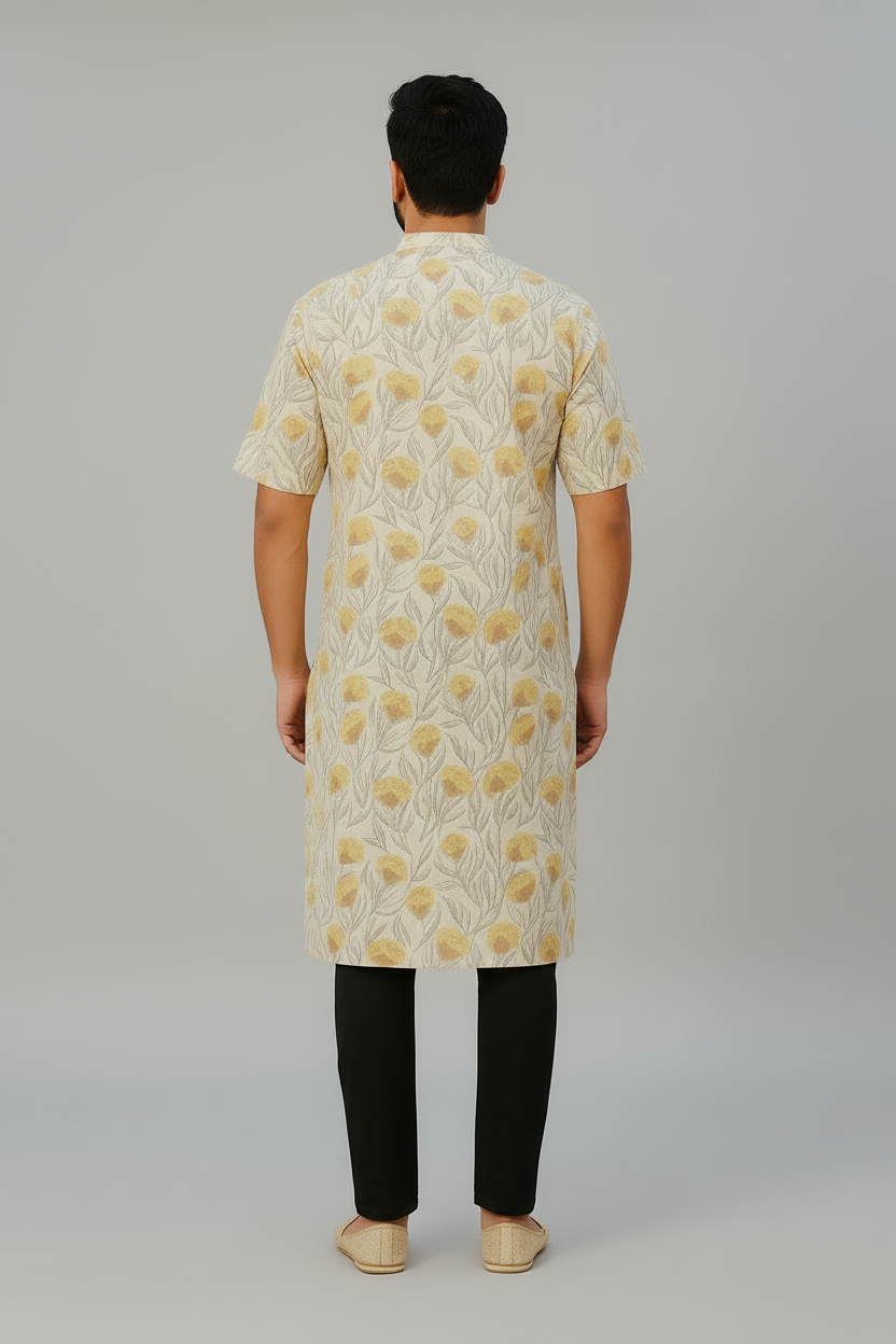 Men’s Cotton Knee-Length Kurta with Pockets – Hand Block Printed Floral Design | Natural Fab