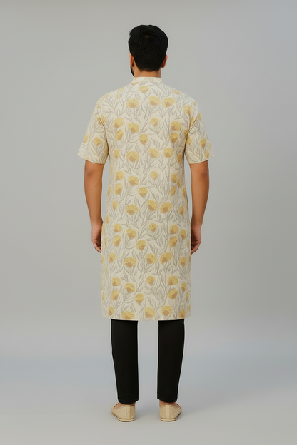 Men’s Cotton Knee-Length Kurta with Pockets – Hand Block Printed Floral Design | Natural Fab