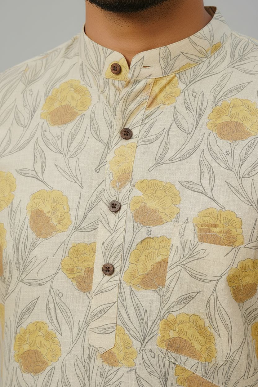 Men’s Cotton Knee-Length Kurta with Pockets – Hand Block Printed Floral Design | Natural Fab