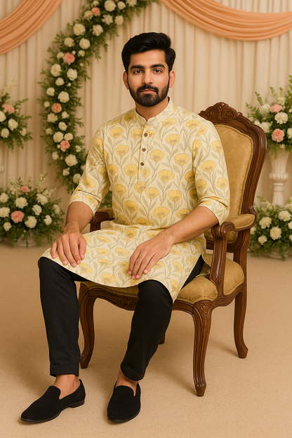 Men’s Cotton Knee-Length Kurta with Pockets – Hand Block Printed Floral Design | Natural Fab