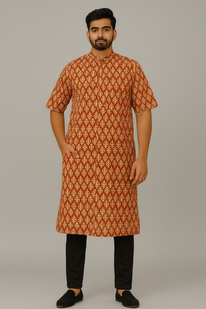 Men’s Cotton Knee-Length Kurta with Pockets – Hand Block Printed Rust Red Leaf Pattern | Natural Fab