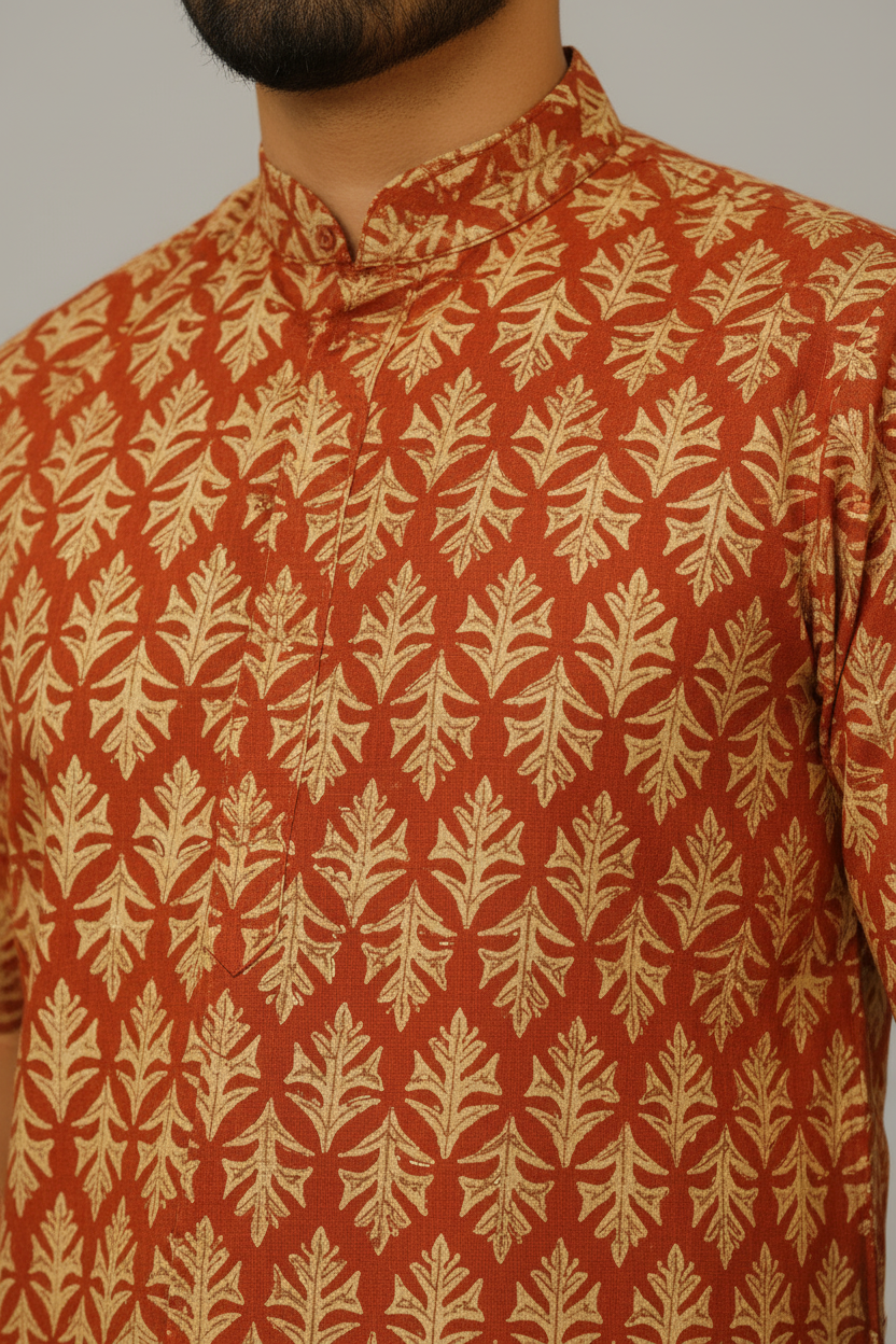 Men’s Cotton Knee-Length Kurta with Pockets – Hand Block Printed Rust Red Leaf Pattern | Natural Fab