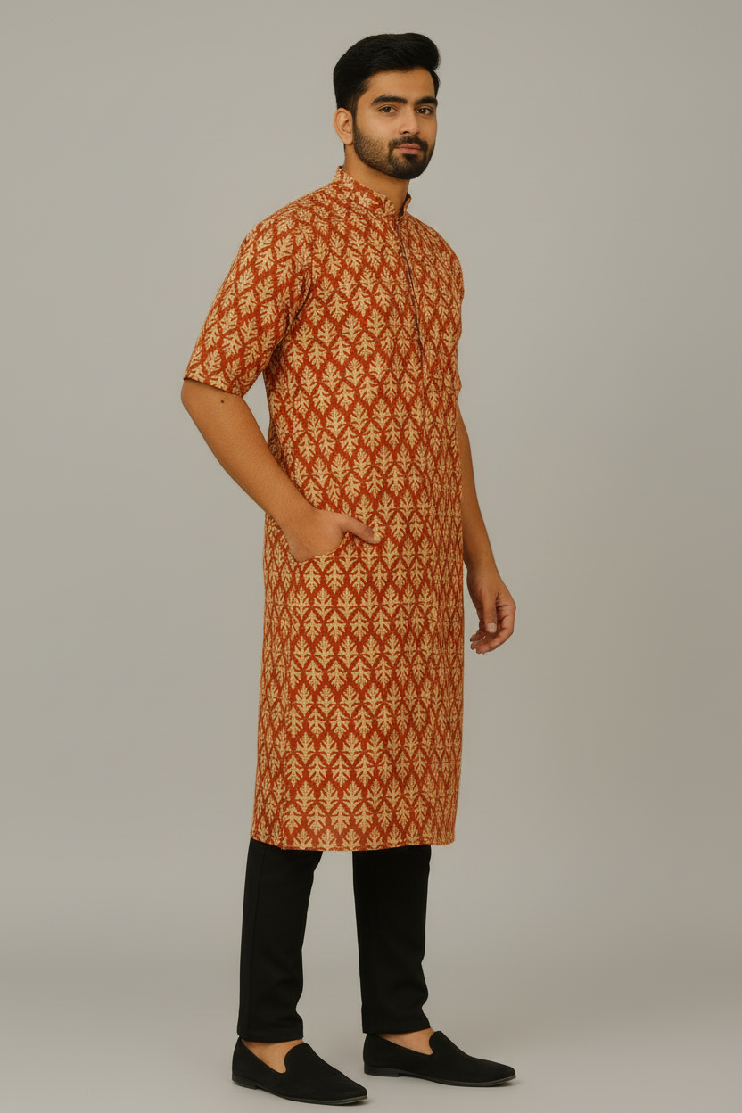 Men’s Cotton Knee-Length Kurta with Pockets – Hand Block Printed Rust Red Leaf Pattern | Natural Fab
