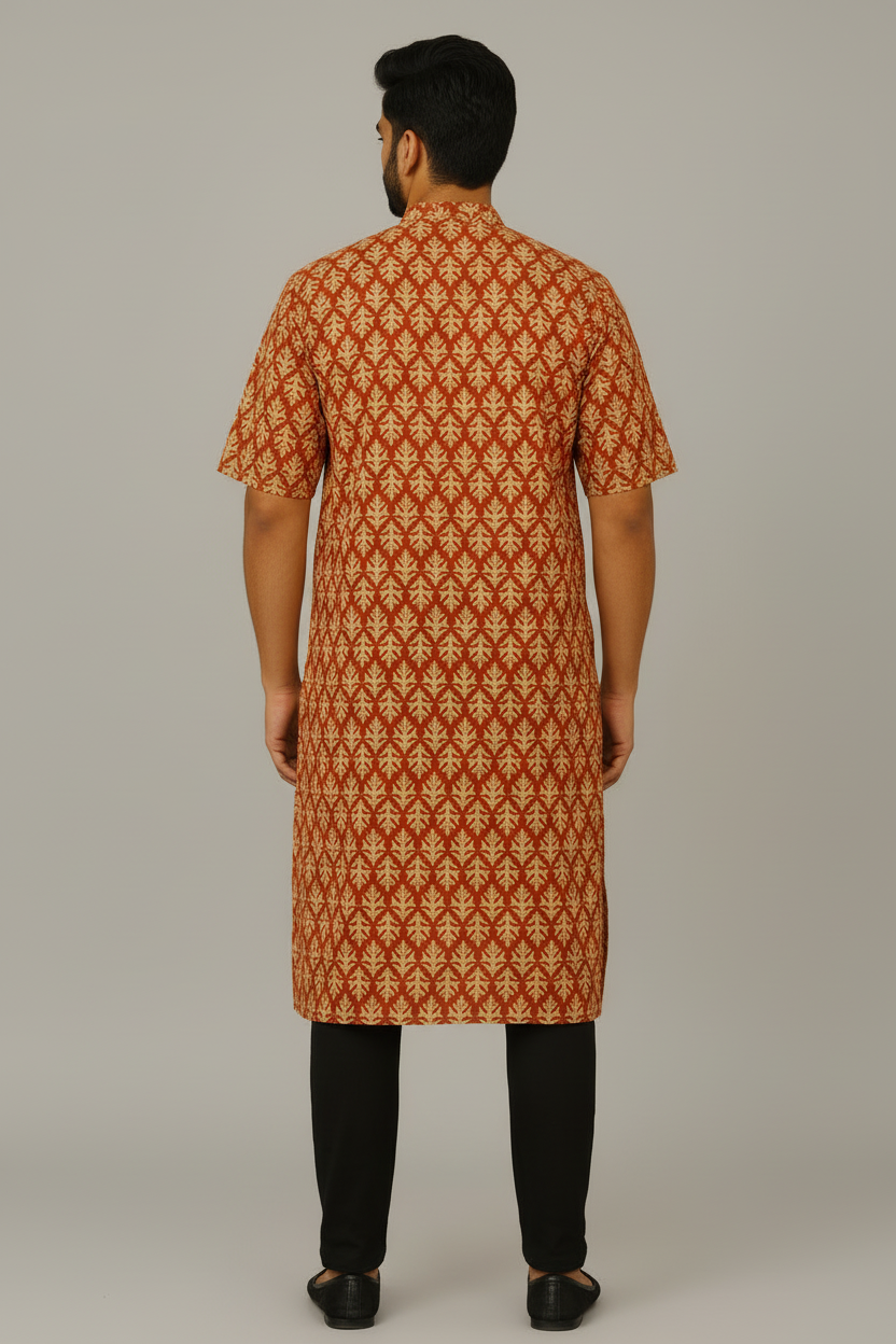 Men’s Cotton Knee-Length Kurta with Pockets – Hand Block Printed Rust Red Leaf Pattern | Natural Fab