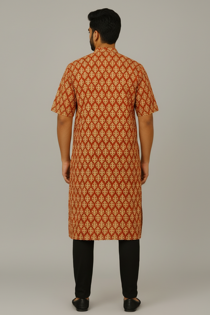 Men’s Cotton Knee-Length Kurta with Pockets – Hand Block Printed Rust Red Leaf Pattern | Natural Fab