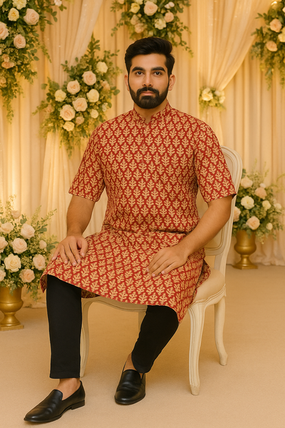 Men’s Cotton Knee-Length Kurta with Pockets – Hand Block Printed Rust Red Leaf Pattern | Natural Fab