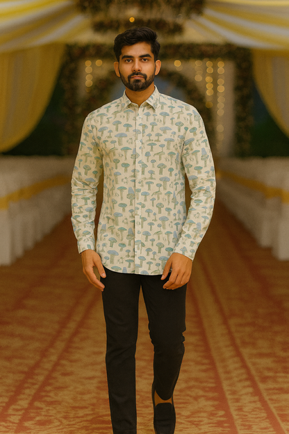 Men’s Pure Cotton Printed Shirt – Full Sleeves | Soft Pastel Mushroom Print | Natural Fab