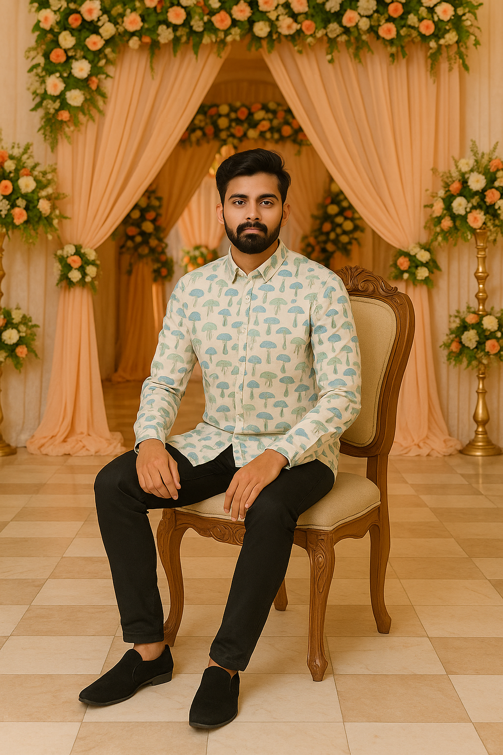 Men’s Pure Cotton Printed Shirt – Full Sleeves | Soft Pastel Mushroom Print | Natural Fab