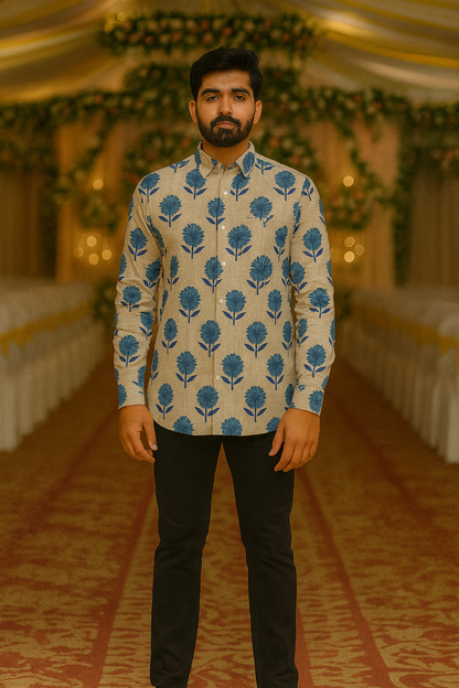 Men’s Pure Cotton Printed Shirt – Blue Floral Hand Block Print on Beige | Full Sleeves | Natural Fab