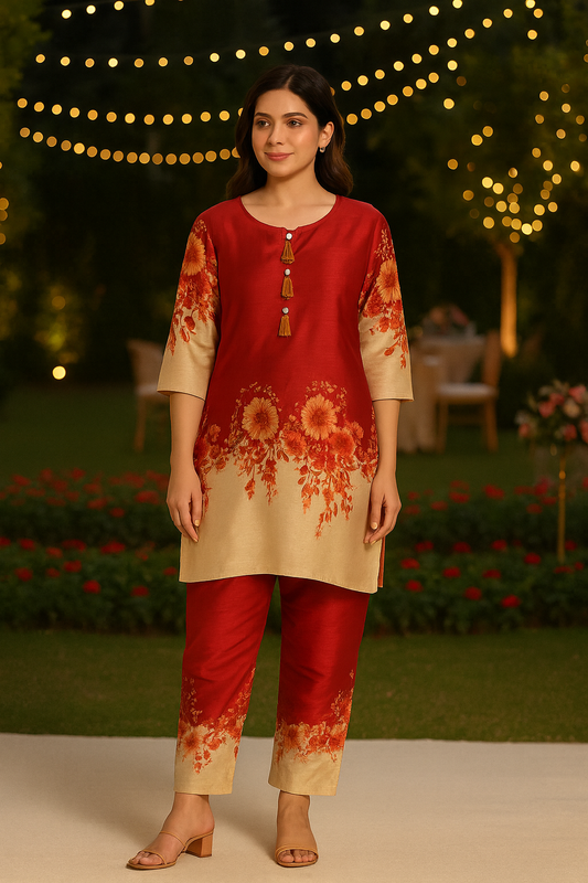 Red & Beige Floral Printed Co-Ord Set for Women – Festive Tassel Detail Kurta with Matching Pants | Natural Fab