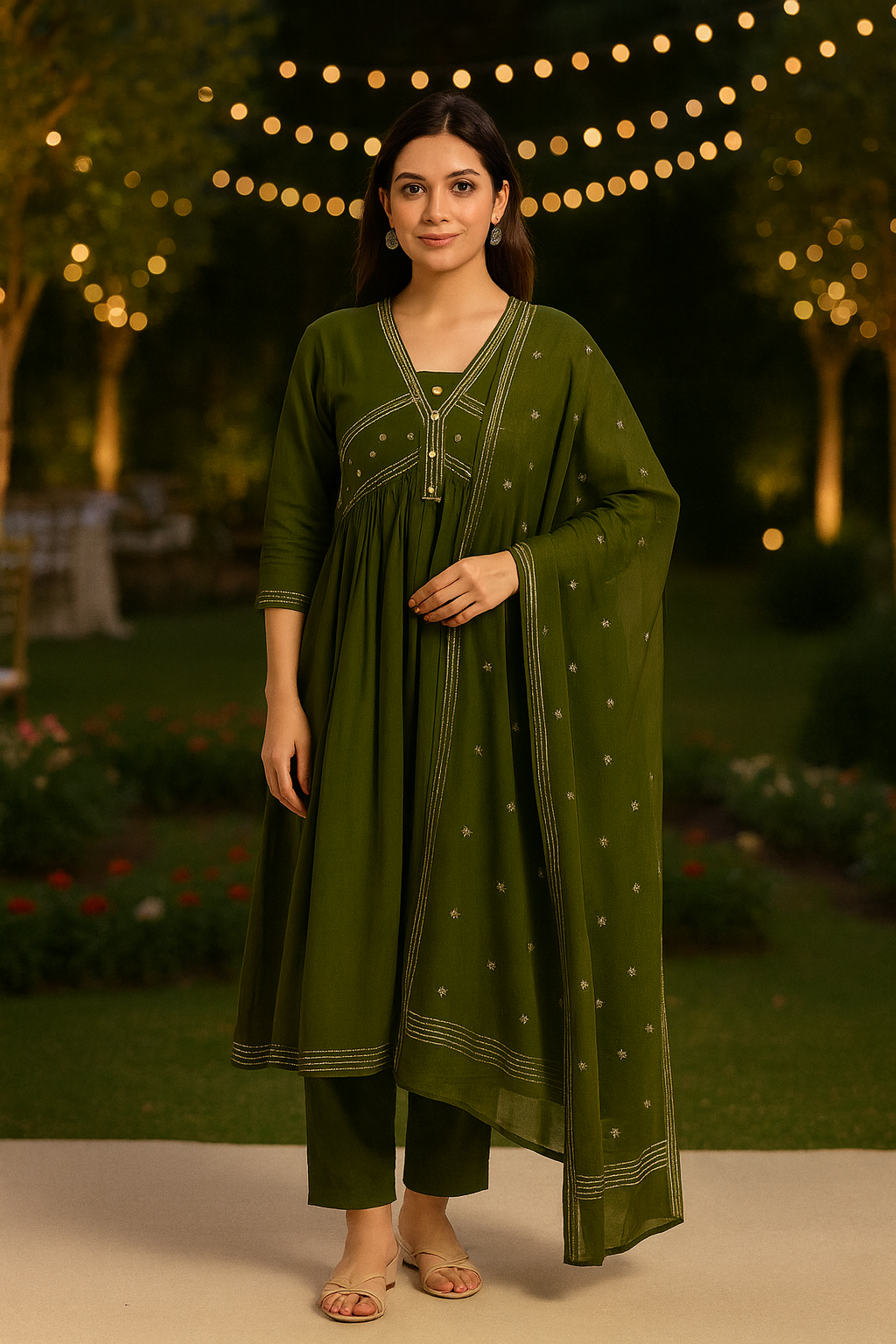 Olive Green Embroidered Cotton Kurti Set with Dupatta – Elegant Ethnic Wear for Women | Natural Fab