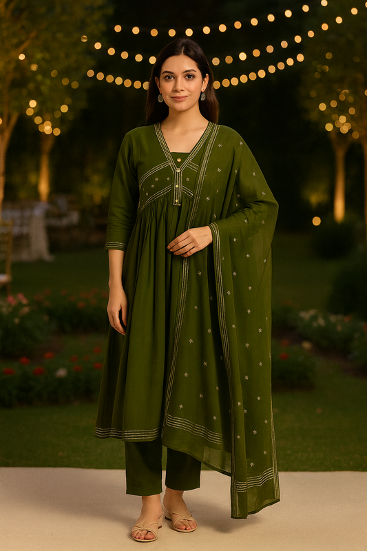 Olive Green Embroidered Cotton Kurti Set with Dupatta – Elegant Ethnic Wear for Women | Natural Fab