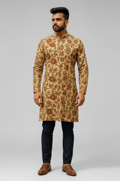 Handblock Printed Beige Cotton Kurta for Men – Floral Mughal Motif Design