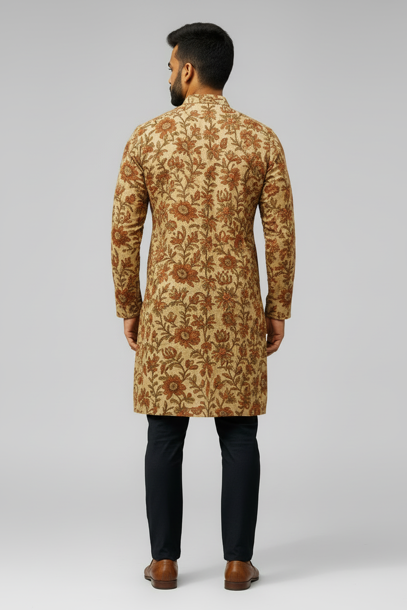 Handblock Printed Beige Cotton Kurta for Men – Floral Mughal Motif Design