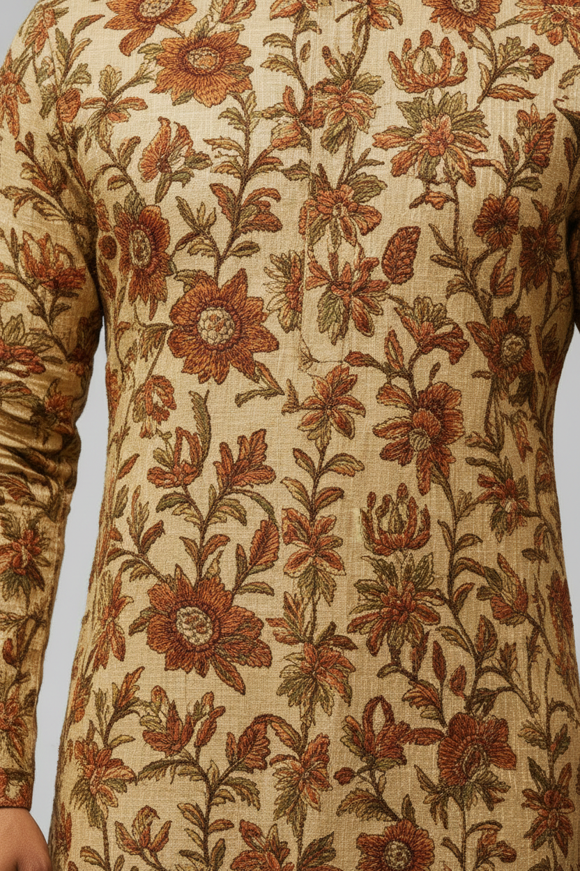 Handblock Printed Beige Cotton Kurta for Men – Floral Mughal Motif Design