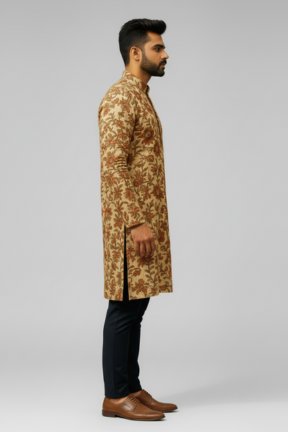 Handblock Printed Beige Cotton Kurta for Men – Floral Mughal Motif Design