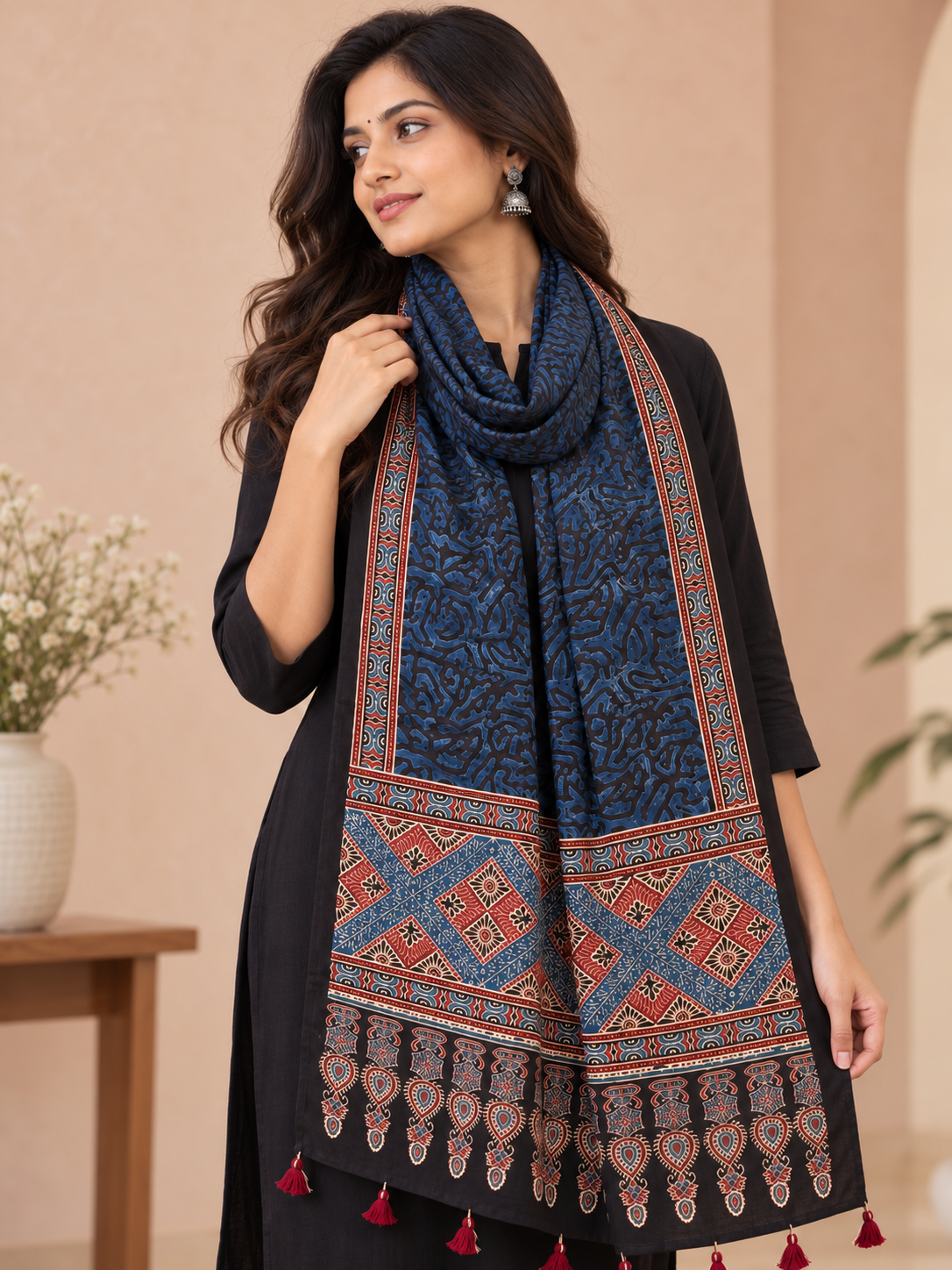 Women's Navy Blue Ajrakh Inspired Printed Modal Silk Stole with Ethnic Border & Tassels