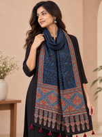 Women's Navy Blue Ajrakh Inspired Printed Modal Silk Stole with Ethnic Border & Tassels
