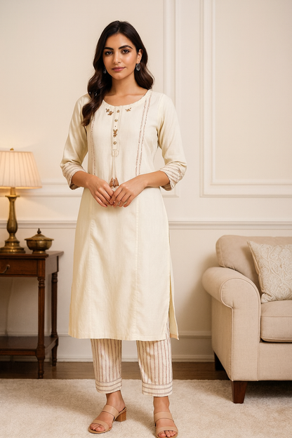 Women’s Off-White Cotton Kurti Set with Striped Pants – Elegant Ethnic Wear for Office & Festive Look