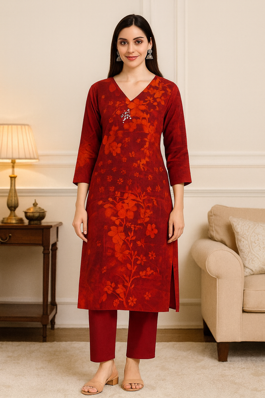 Women’s Red Maslin Kurti Set with Floral Print – Stylish Ethnic Wear for Festive & Office Look