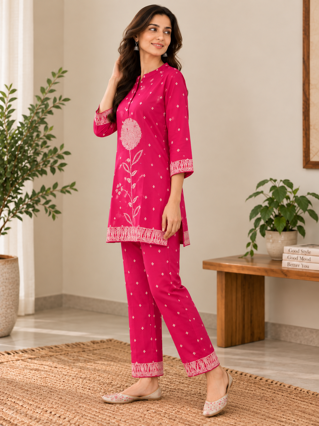 Naturalfab Women's Pink Maslin Floral Print Co-ord Set with Button Placket Top and Matching Pants