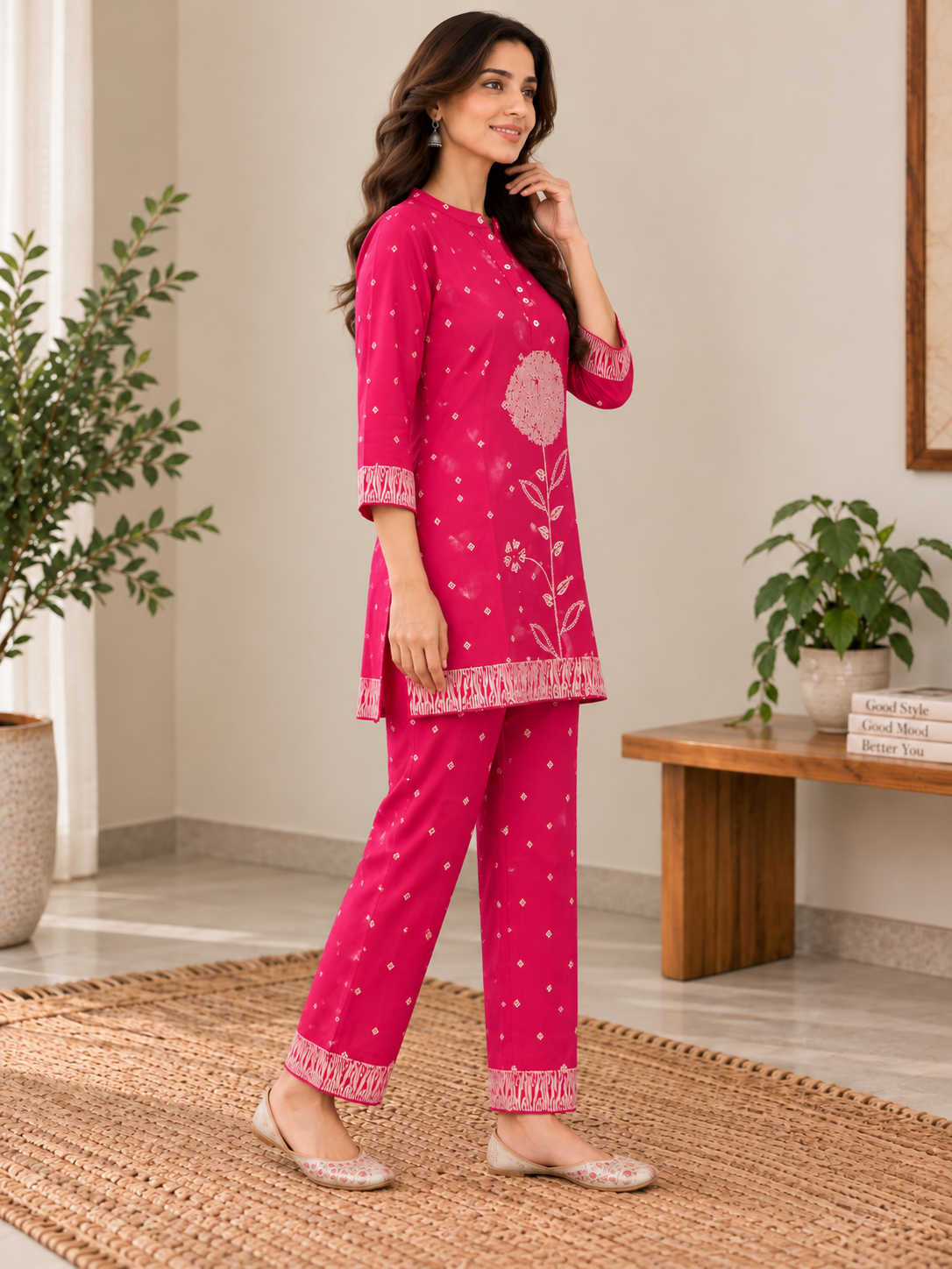 Naturalfab Women's Pink Maslin Floral Print Co-ord Set with Button Placket Top and Matching Pants