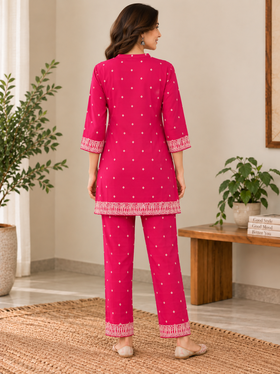 Naturalfab Women's Pink Maslin Floral Print Co-ord Set with Button Placket Top and Matching Pants