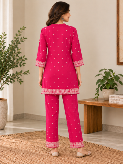 Naturalfab Women's Pink Maslin Floral Print Co-ord Set with Button Placket Top and Matching Pants