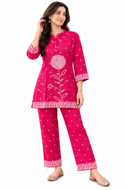 Naturalfab Women's Pink Maslin Floral Print Co-ord Set with Button Placket Top and Matching Pants