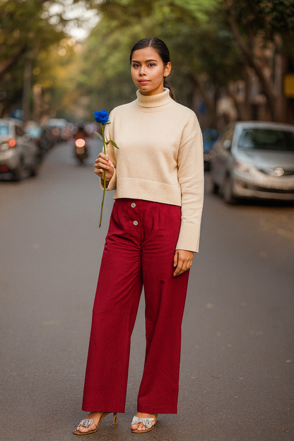 Women’s Maroon Khadi Palazzo Pants – High Waist Wide-Leg Trousers | Handwoven Cotton