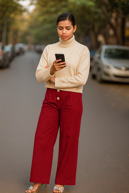 Women’s Maroon Khadi Palazzo Pants – High Waist Wide-Leg Trousers | Handwoven Cotton