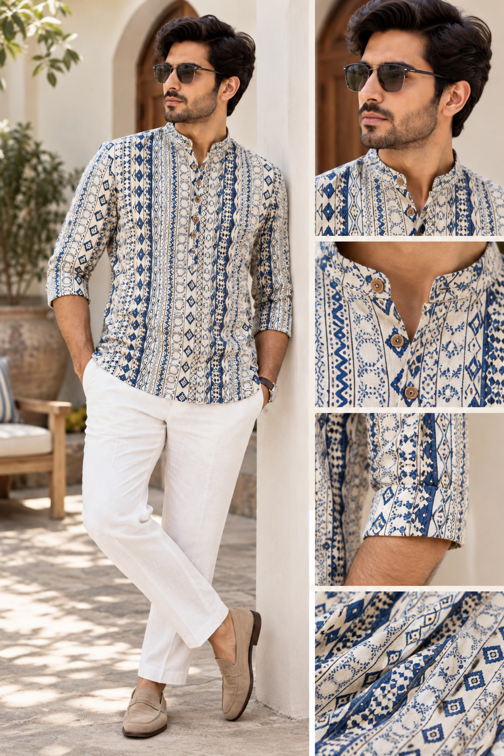 Natural Fab Men’s Neel Bagh Hand Block Printed Short Kurta in Blue & Cream with Mandarin Collar