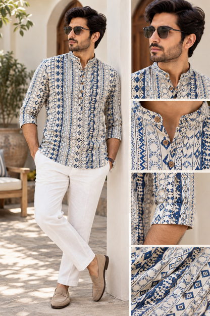 Natural Fab Men’s Neel Bagh Hand Block Printed Short Kurta in Blue & Cream with Mandarin Collar