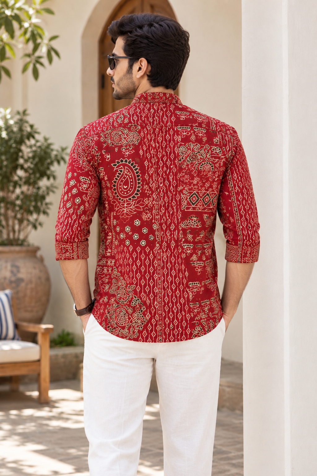 Natural Fab Men’s Red Printed Short Kurta with Mandarin Collar & Paisley Floral Ethnic Motifs
