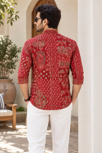 Natural Fab Men’s Red Printed Short Kurta with Mandarin Collar & Paisley Floral Ethnic Motifs