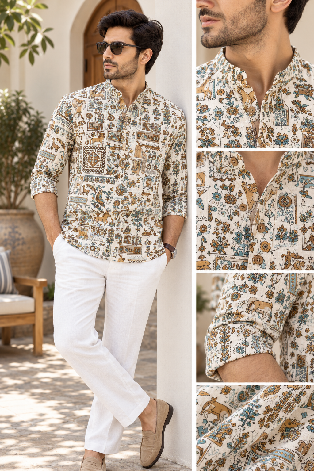 Natural Fab Men’s Cream Printed Short Kurta with Mandarin Collar, Animal & Floral Motifs